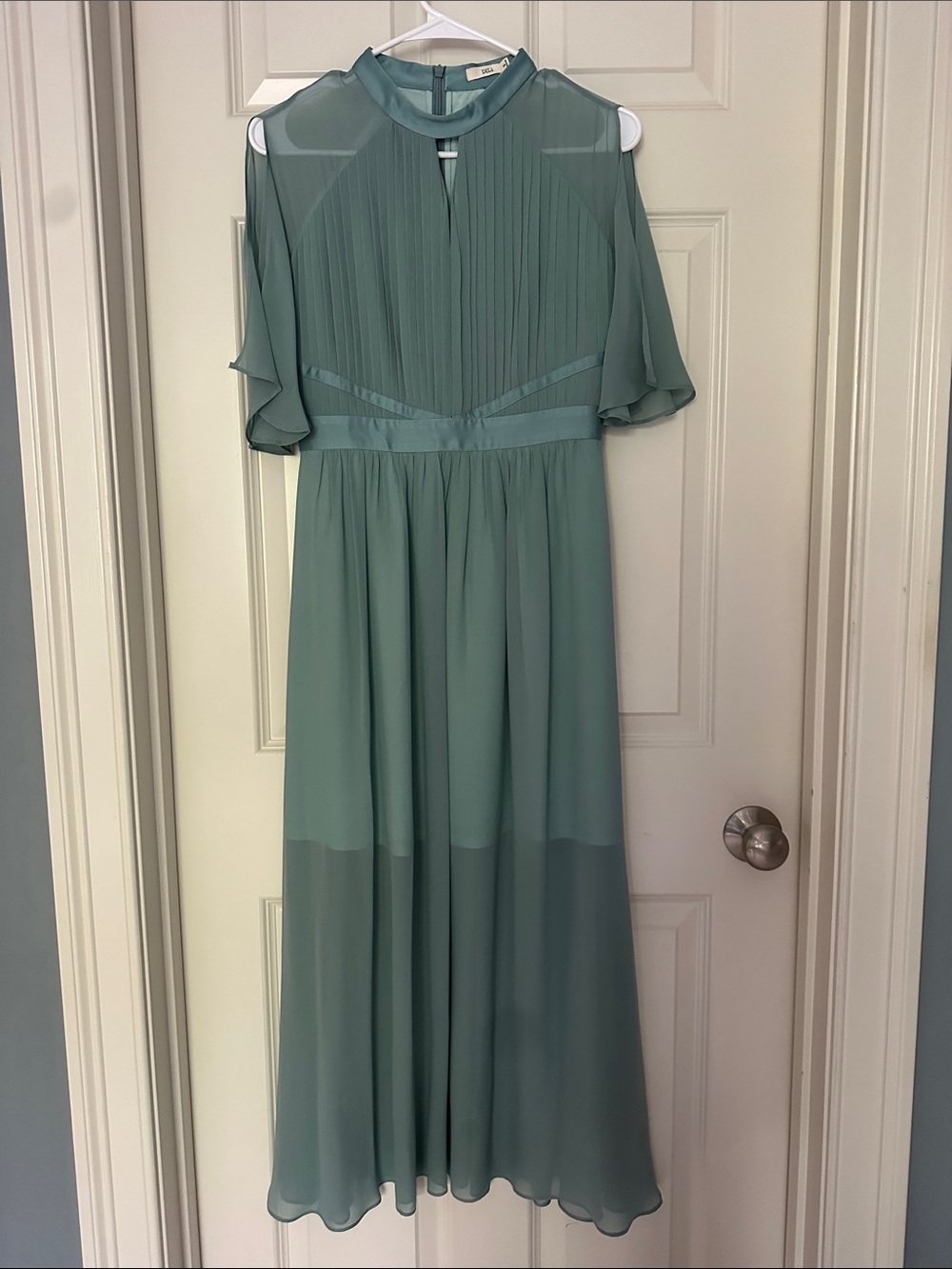 Sage Green 100% Silk Maxi Dress with Pleated Bodice and Flutter Sleeves